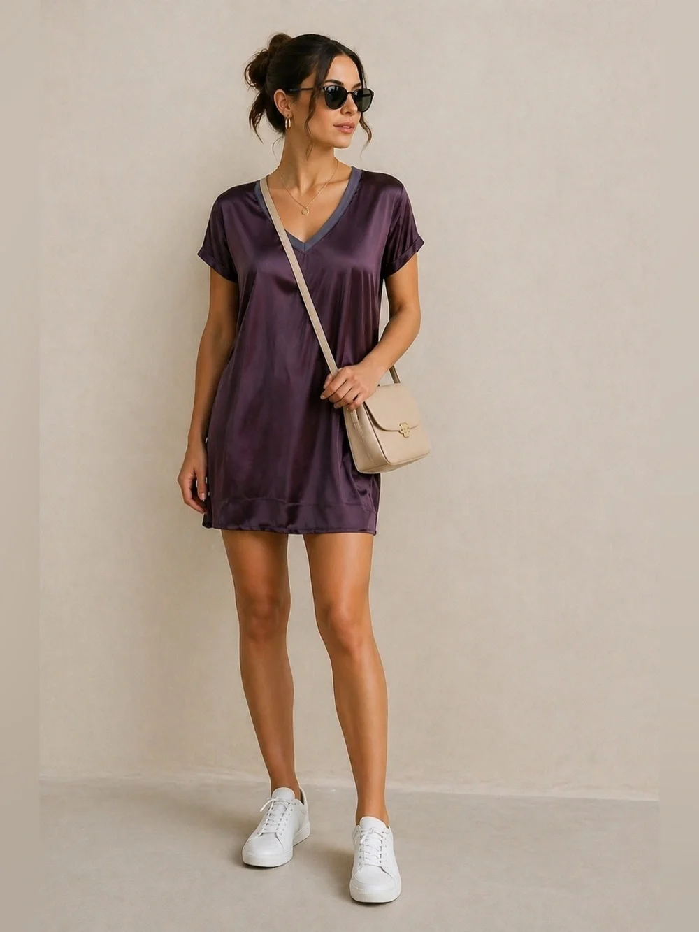 Nation LTD satin V-Neck Tee mini Dress in Plum with Contrast Trim